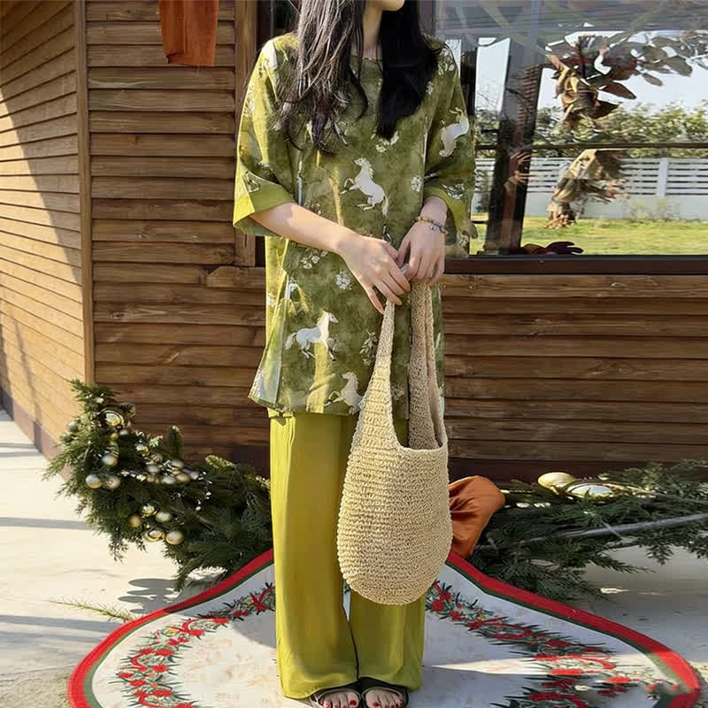 Ensemble de vêtements d'intérieur à imprimé chevaux de style oriental - image 3