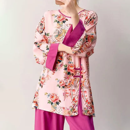 Ensemble de vêtements d'intérieur à motifs floraux et de chats de style oriental - image 4