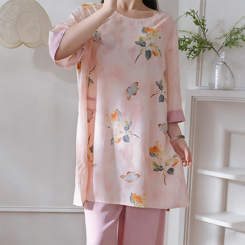 Ensemble de vêtements d'intérieur à motifs papillons et fleurs de style oriental - image 3