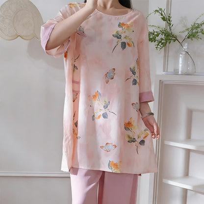 Ensemble de vêtements d'intérieur à motifs papillons et fleurs de style oriental - image 3