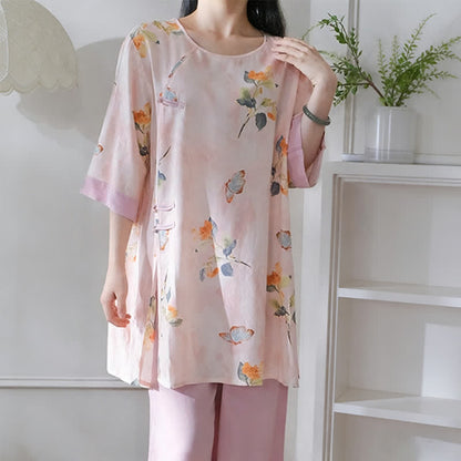 Ensemble de vêtements d'intérieur à motifs papillons et fleurs de style oriental - image 4