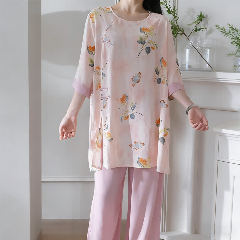 Ensemble de vêtements d'intérieur à motifs papillons et fleurs de style oriental - image 2