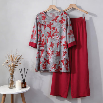 Ensemble de vêtements d'intérieur vintage à motifs floraux de style oriental - Rouge - M - image 0