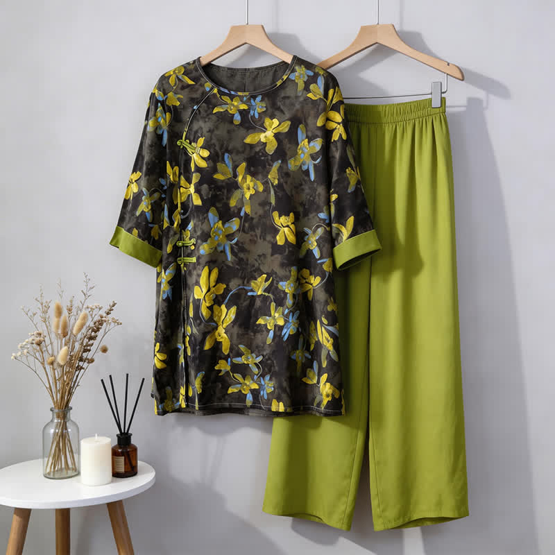 Ensemble pyjama rétro à motifs floraux de style oriental - Vert - M - image 0