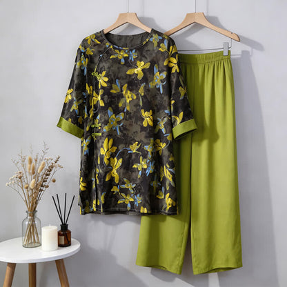 Ensemble pyjama rétro à motifs floraux de style oriental - Vert - M - image 0