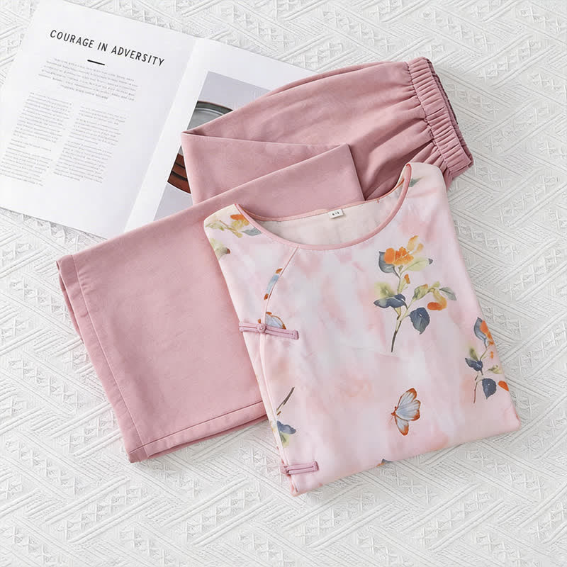 Ensemble de vêtements d'intérieur à motifs papillons et fleurs de style oriental - image 6