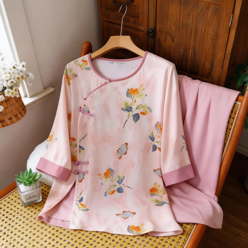 Ensemble de vêtements d'intérieur à motifs papillons et fleurs de style oriental - image 5