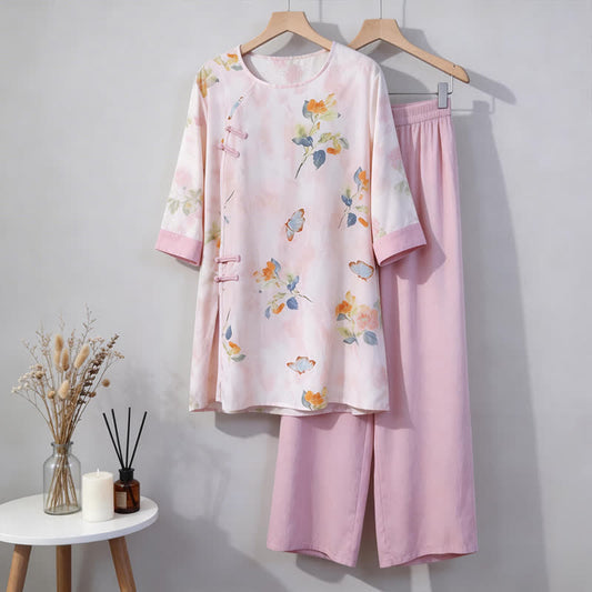 Ensemble de vêtements d'intérieur à motifs papillons et fleurs de style oriental - Rose - M - image 0