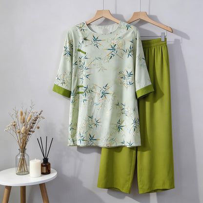 Ensemble de vêtements d'intérieur élégants en bambou de style oriental - Vert - M - image 0