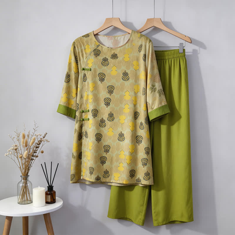 Ensemble de vêtements d'intérieur à motif citrouille de style oriental - Vert - M - image 7