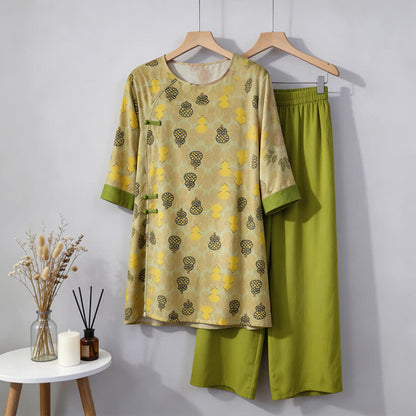 Ensemble de vêtements d'intérieur à motif citrouille de style oriental - Vert - M - image 7