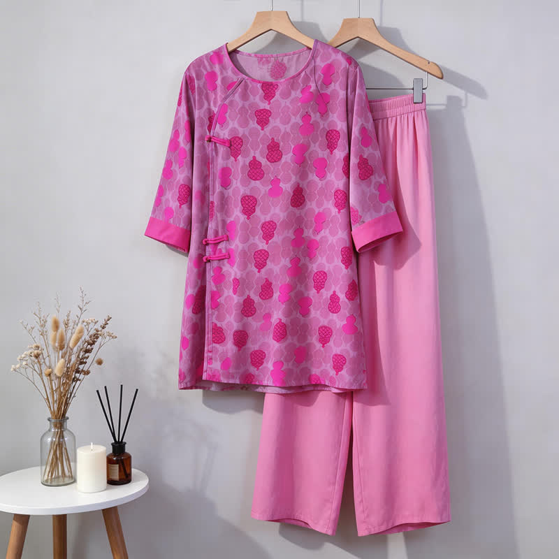 Ensemble de vêtements d'intérieur à motif citrouille de style oriental - rose - M - image 0