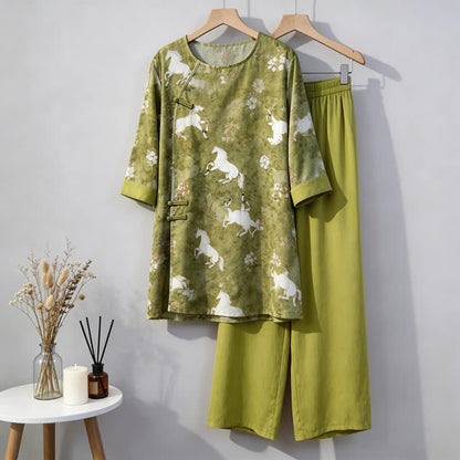 Ensemble de vêtements d'intérieur à imprimé chevaux de style oriental - Vert - M - image 0