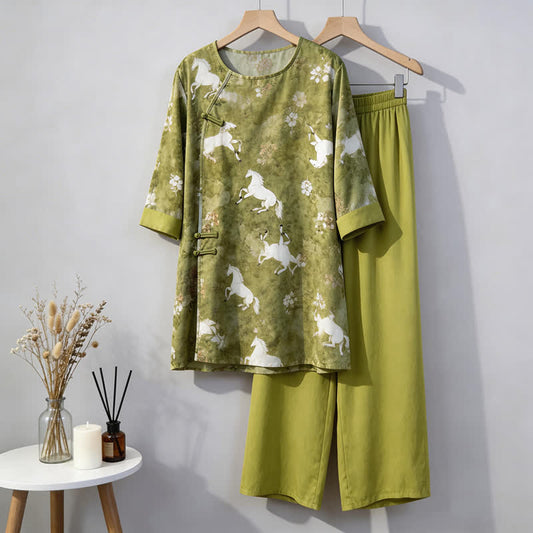 Ensemble de vêtements d'intérieur à imprimé chevaux de style oriental - Vert - M - image 0