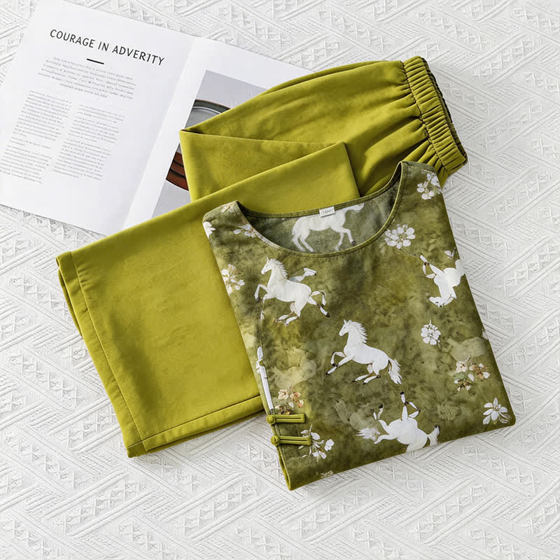 Ensemble de vêtements d'intérieur à imprimé chevaux de style oriental - image 9