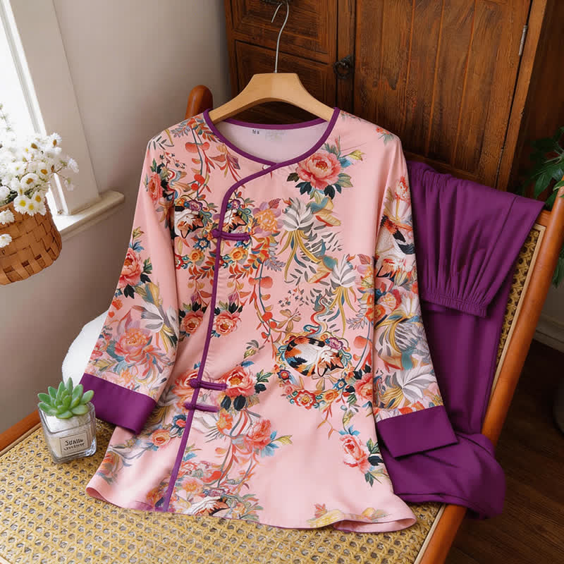 Ensemble de vêtements d'intérieur à motifs floraux et de chats de style oriental - image 6