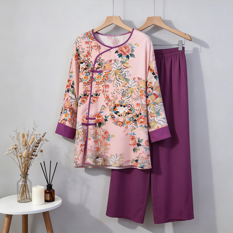 Ensemble de vêtements d'intérieur à motifs floraux et de chats de style oriental - Rose - M - image 0