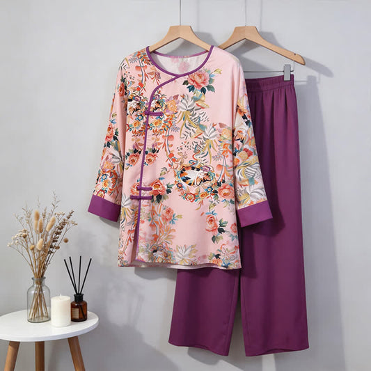 Ensemble de vêtements d'intérieur à motifs floraux et de chats de style oriental - Rose - M - image 0