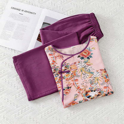 Ensemble de vêtements d'intérieur à motifs floraux et de chats de style oriental - image 7