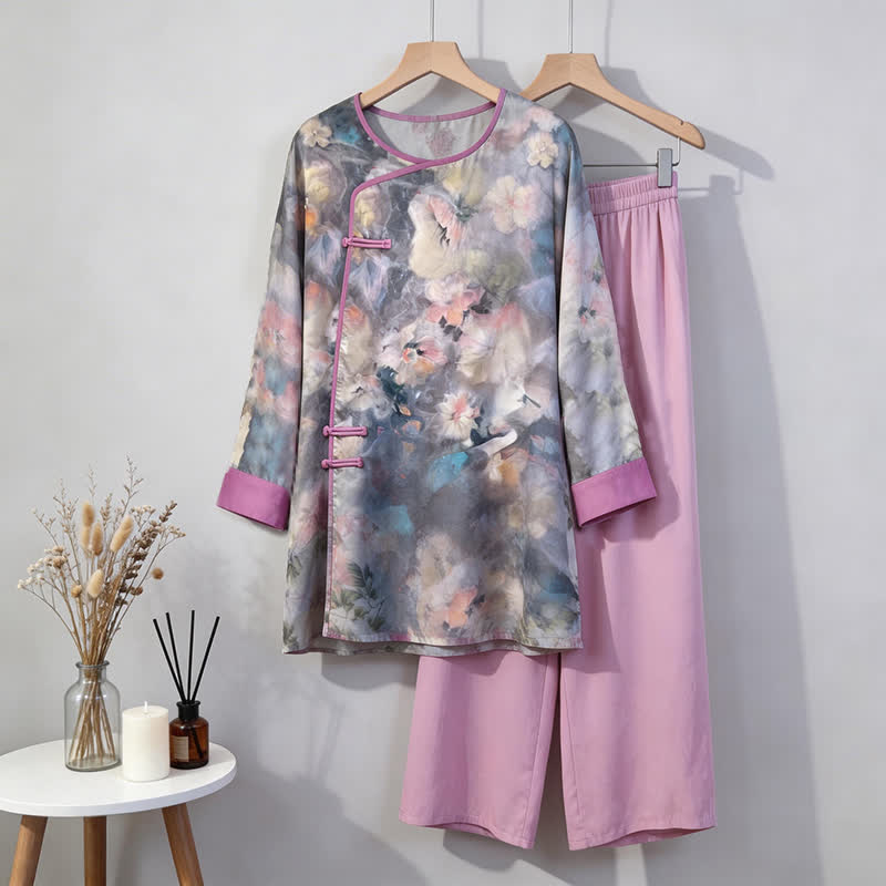 Ensemble de vêtements d'intérieur artistiques à motif floral d'inspiration orientale - Gris clair - M - image 0