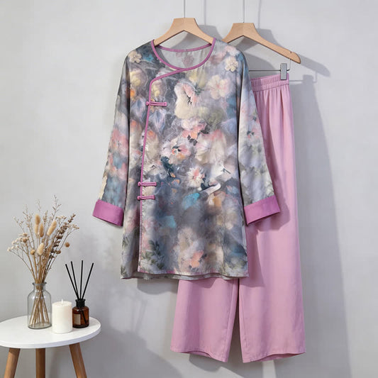 Ensemble de vêtements d'intérieur artistiques à motif floral d'inspiration orientale - Gris clair - M - image 0