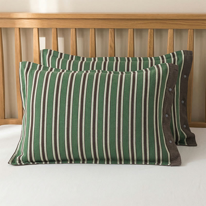 Taies d'oreiller classiques à rayures verticales et boutons (2 pièces) - Marron et vert - 52 cm x 76 cm - image 2