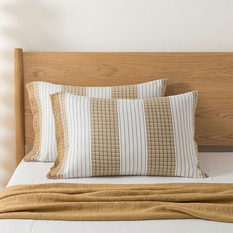 Taies d'oreiller en coton à carreaux et boutons (2 pièces) - Beige - 52 cm x 76 cm - image 2