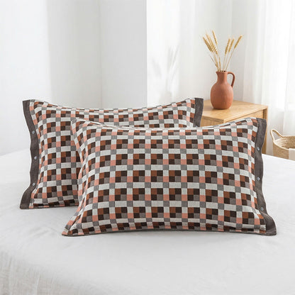 Taies d'oreiller en pur coton à motif à carreaux et boutons (2 pièces) - Rouge et marron - 52 cm x 76 cm - image 0