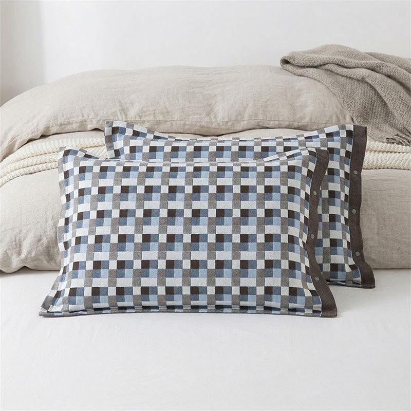 Taies d'oreiller en pur coton à motif à carreaux et boutons (2 pièces) - Bleu et marron - 52 cm x 76 cm - image 2