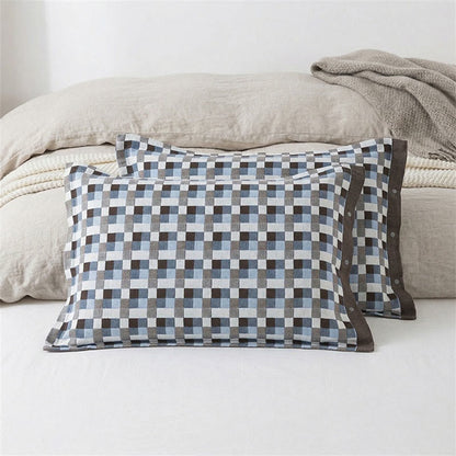 Taies d'oreiller en pur coton à motif à carreaux et boutons (2 pièces) - Bleu et marron - 52 cm x 76 cm - image 2