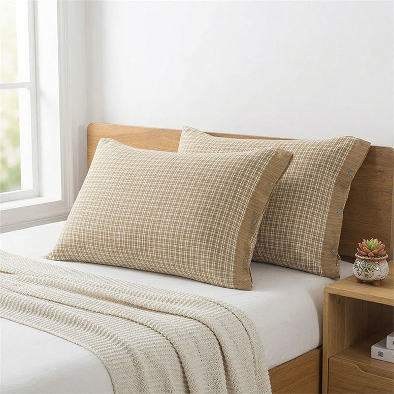 Mini taies d'oreiller en coton à carreaux et boutons (2 pièces) - Vert et beige - 52 cm x 76 cm - image 2