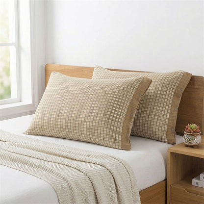 Mini taies d'oreiller en coton à carreaux et boutons (2 pièces) - Vert et beige - 52 cm x 76 cm - image 2