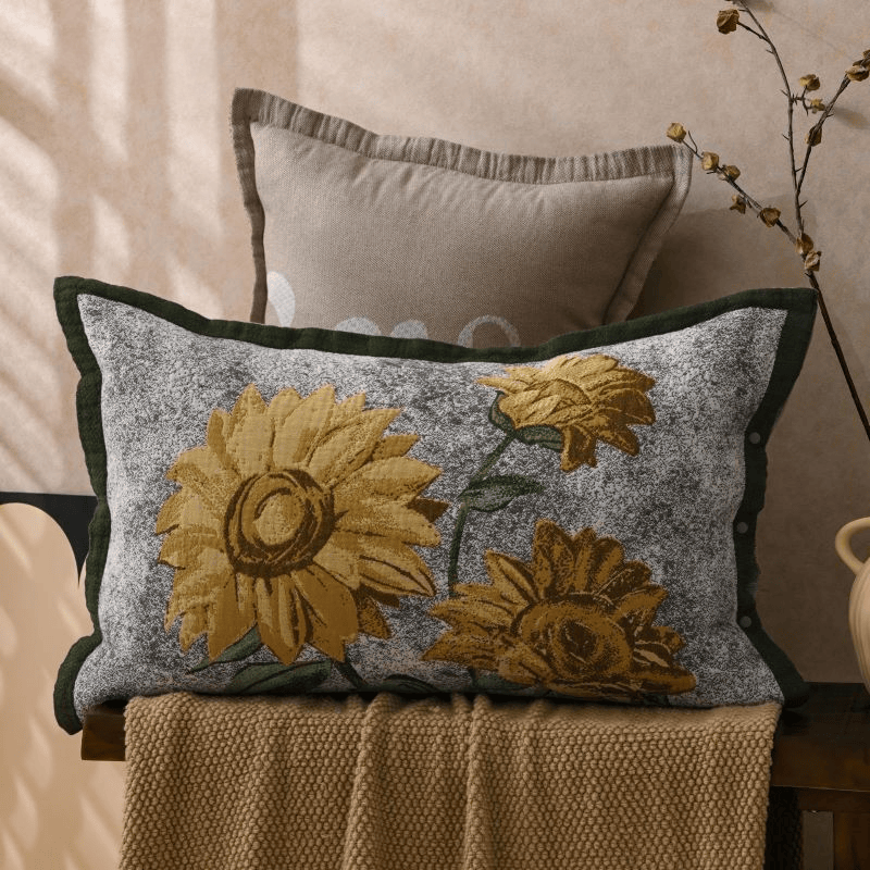 Taies d'oreiller à motif tournesol en pur coton (2 pièces) - Jaune et gris - 80 cm x 54 cm - image 0
