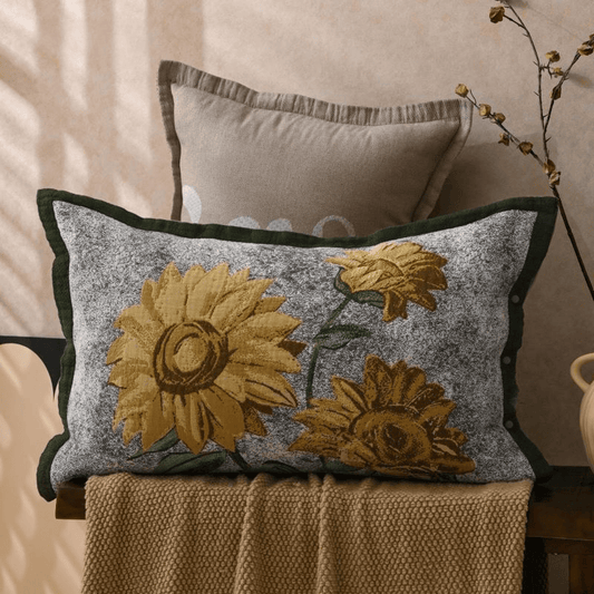 Taies d'oreiller à motif tournesol en pur coton (2 pièces) - Jaune et gris - 80 cm x 54 cm - image 0