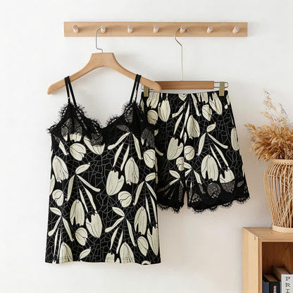 Pyjama en coton à motif floral abstrait (haut et short) - Noir et blanc - XXL - image 0