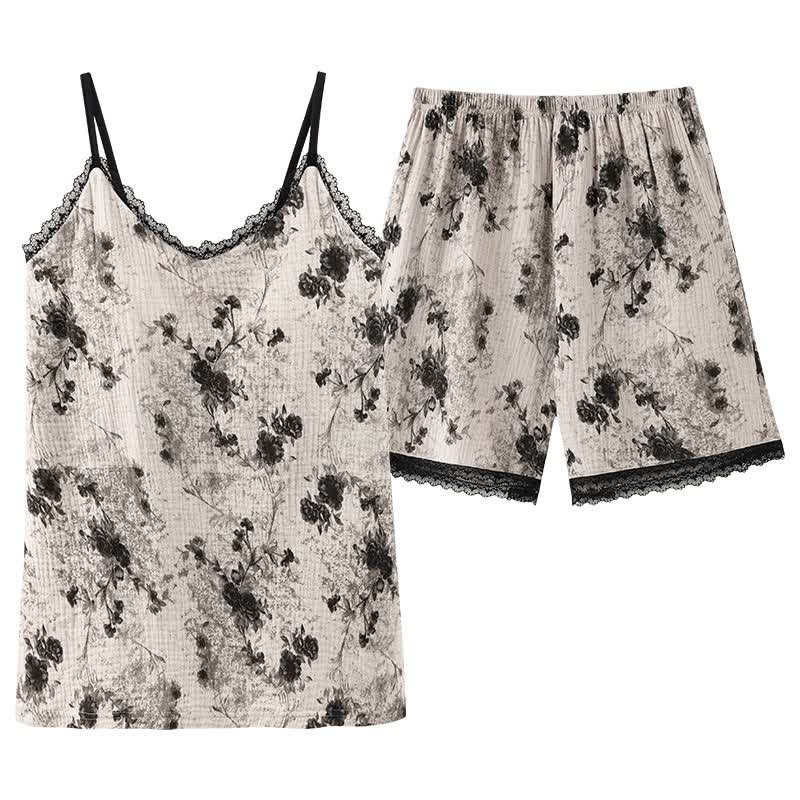 Pyjama noir composé d'un haut en coton à fleurs et d'un short - image 9