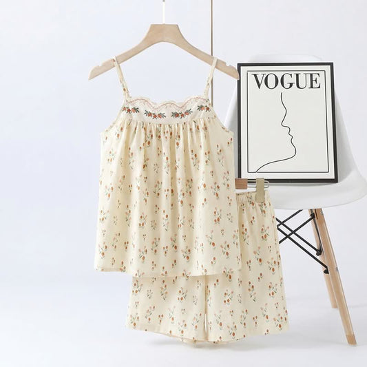 Pyjama à petits motifs floraux en gaze de coton double épaisseur - Débardeur et short - XL - image 0