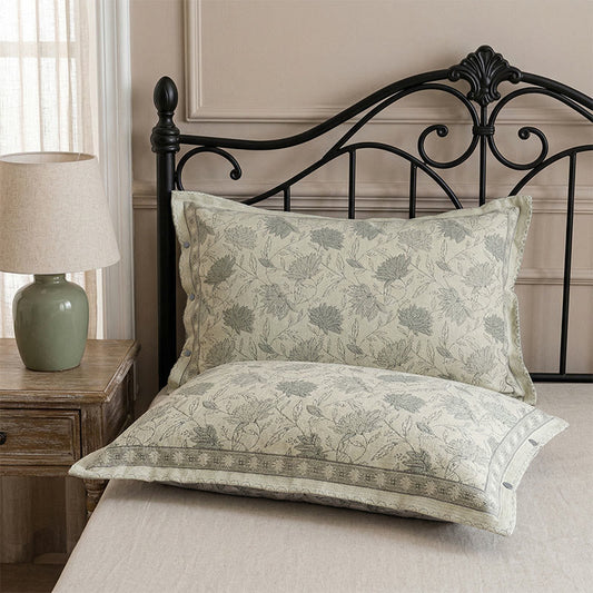 Taies d'oreiller en gaze de coton à motif floral et boutons (2 pièces) - Vert - 48 cm x 74 cm - image 0