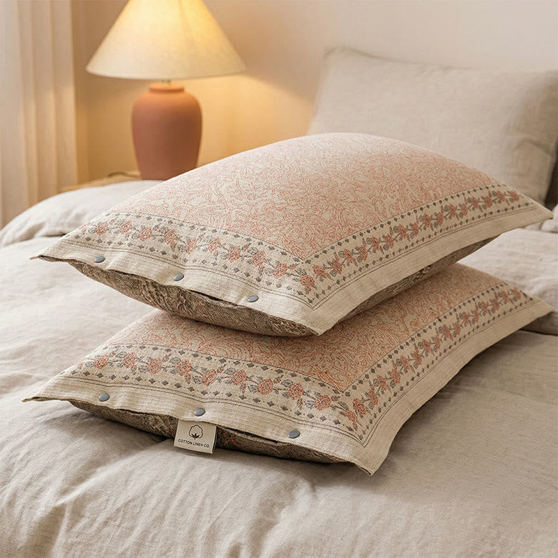 Taies d'oreiller vintage en coton et lin à motif rose (2 pièces) - Rose - 48 cm x 74 cm - image 0