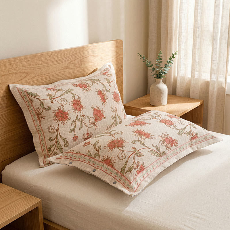 Taies d'oreiller en tissu mélangé coton-lin à motif floral rouge (2 pièces) - Rouge - 48 cm x 74 cm - image 0