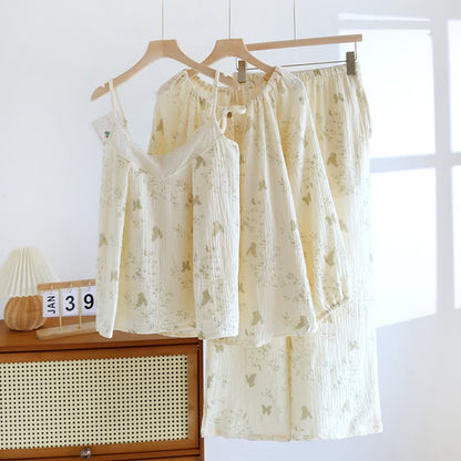 Ensemble de vêtements d'intérieur en pur coton avec motifs de papillons et de feuilles (3 pièces) - Beige - XL - image 0