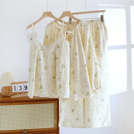 Ensemble de vêtements d'intérieur en pur coton avec motifs de papillons et de feuilles (3 pièces) - Beige - XL - image 0