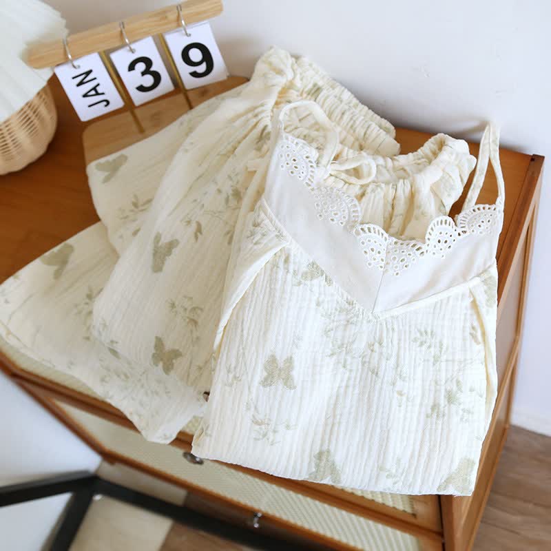 Ensemble de vêtements d'intérieur en pur coton avec motifs de papillons et de feuilles (3 pièces) - image 1