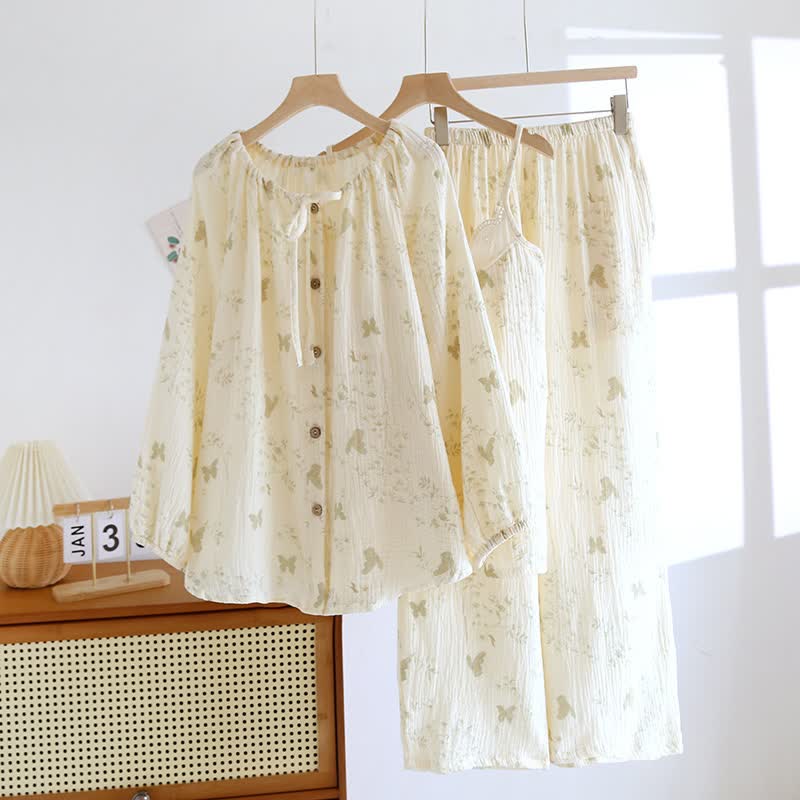 Ensemble de vêtements d'intérieur en pur coton avec motifs de papillons et de feuilles (3 pièces) - image 2