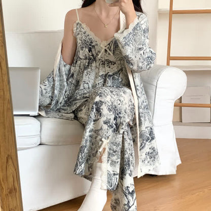 Pyjama à motif lavé à l'encre, motif paysage et bordure en dentelle (ensemble 3 pièces) - Noir - XXL - image 2