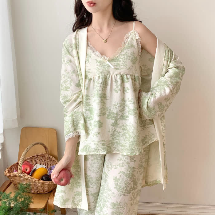 Pyjama à motif lavé à l'encre, motif paysage et bordure en dentelle (ensemble 3 pièces) - Vert - XXL - image 6