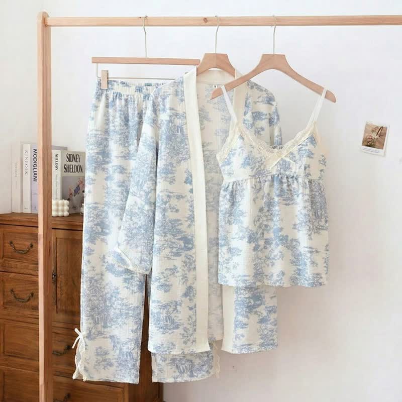 Pyjama à motif lavé à l'encre, motif paysage et bordure en dentelle (ensemble 3 pièces) - Bleu - XXL - image 0