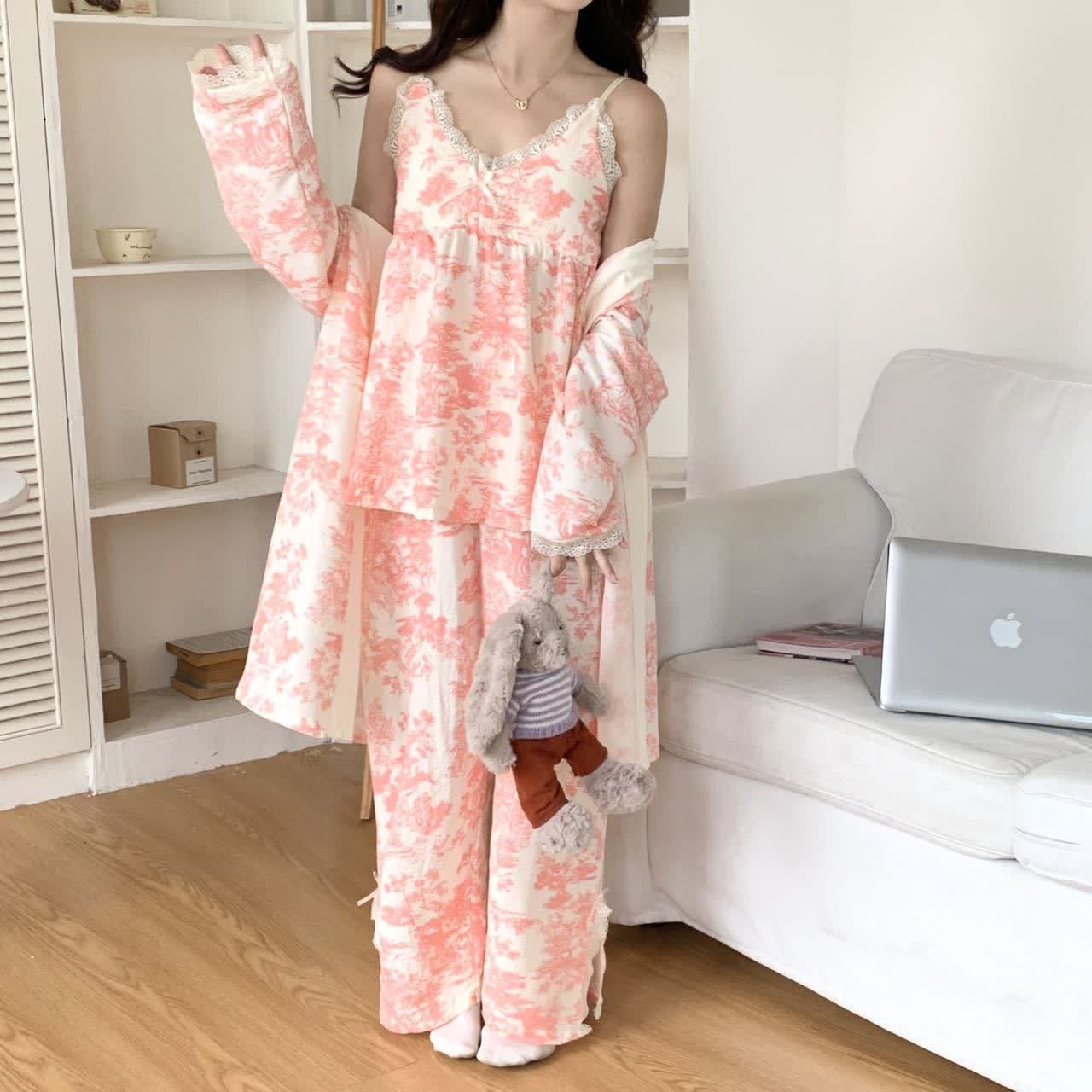 Pyjama à motif lavé à l'encre, motif paysage et bordure en dentelle (ensemble 3 pièces) - image 5