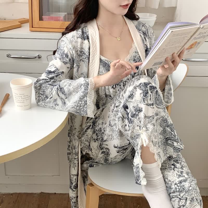 Pyjama à motif lavé à l'encre, motif paysage et bordure en dentelle (ensemble 3 pièces) - image 3