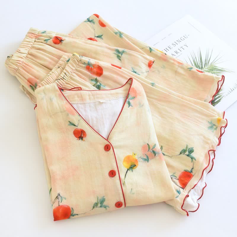 Ensemble pyjama en coton à motif grenade et col en V (3 pièces) - image 1